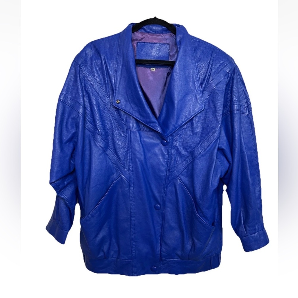VTG 80s Electric Blue Oversized Leather Bomber Jacket Canada Made Patchwork P/S